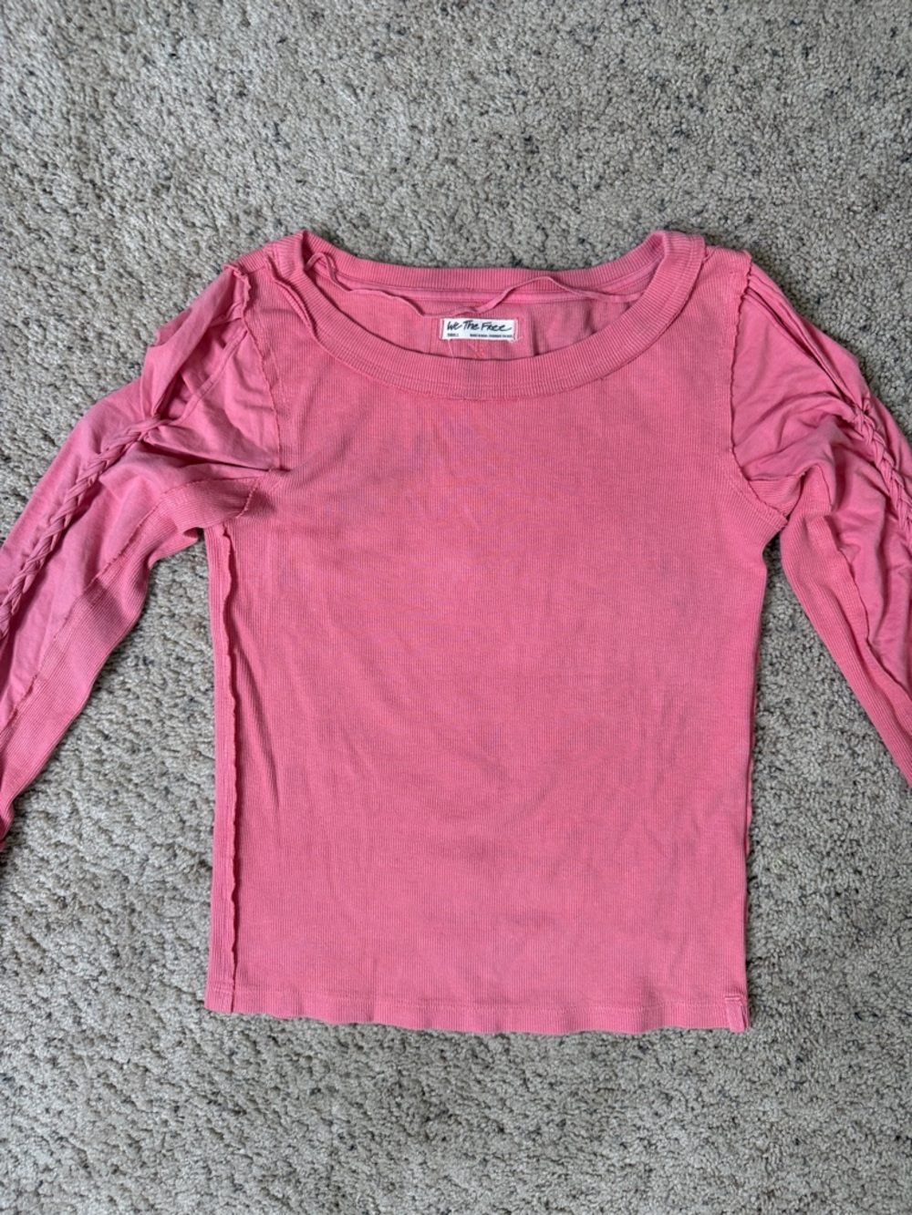 We The Free Pink womens Long Sleeve Ribbed Top with Gathered Sleeves S